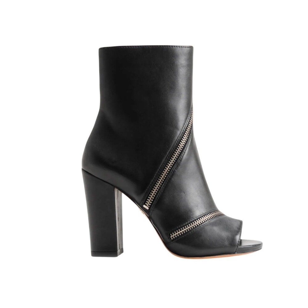 Vero Cuoio Black Leather Peep Toe Ankle Booties Zip Detail Block Heel Size 8.5M